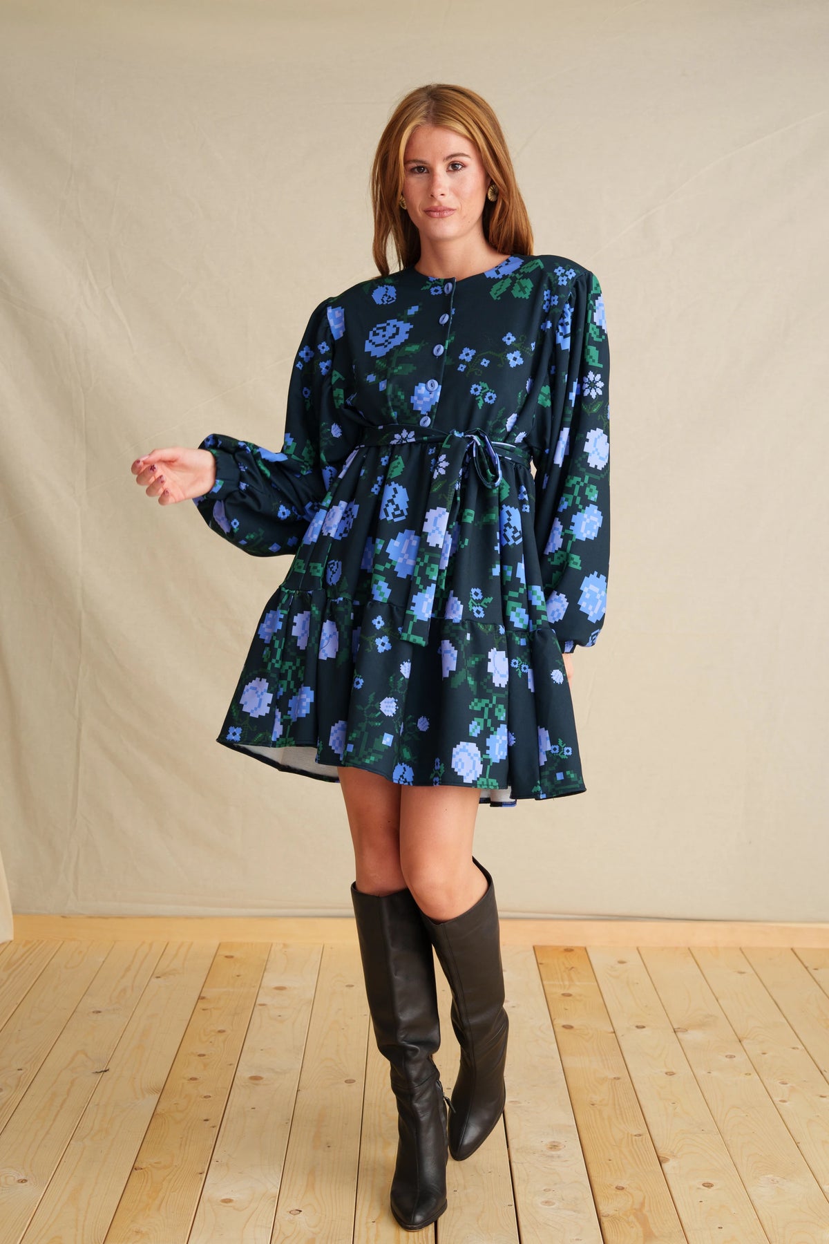 Pixel Rose Blue Futter Mini Dress