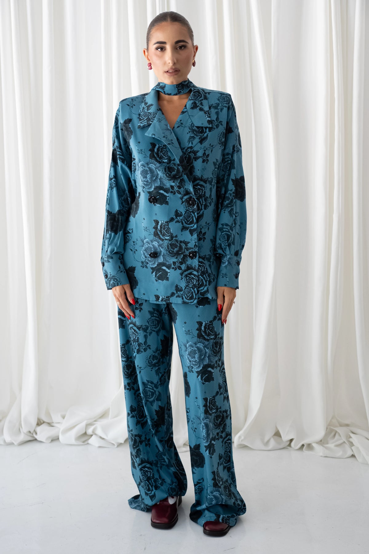 Dark Blue Rose Oversized Blazer Shirt