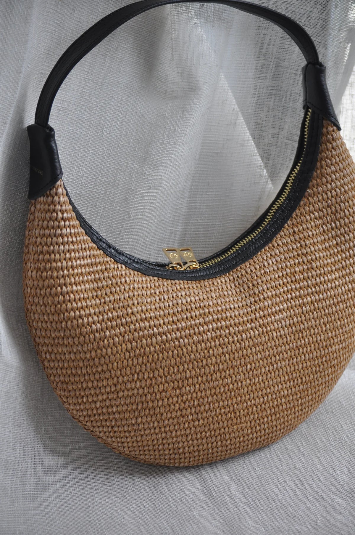 Ophelia Mini Raffia Shoulder Bag - Black Leather