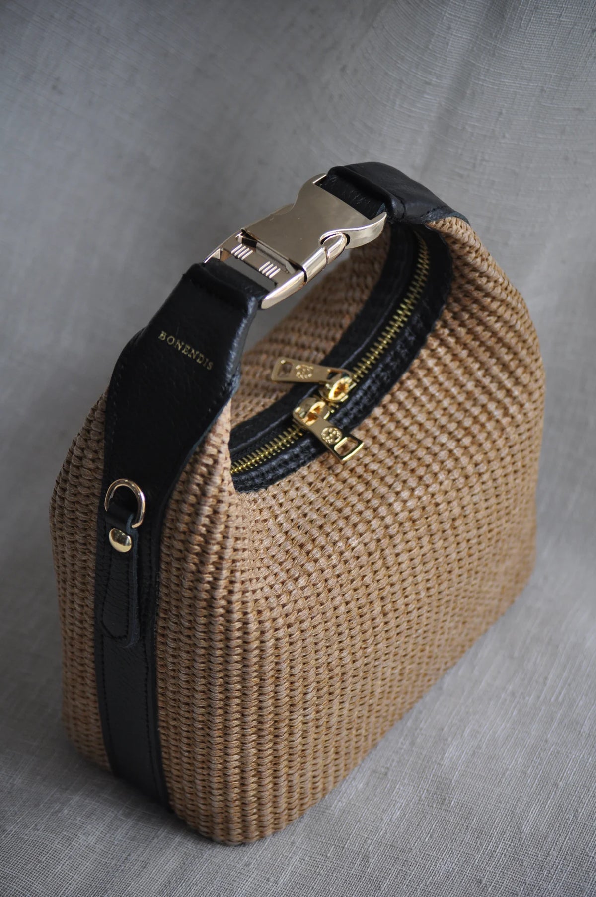 Maggie Raffia Handbag - Black Leather