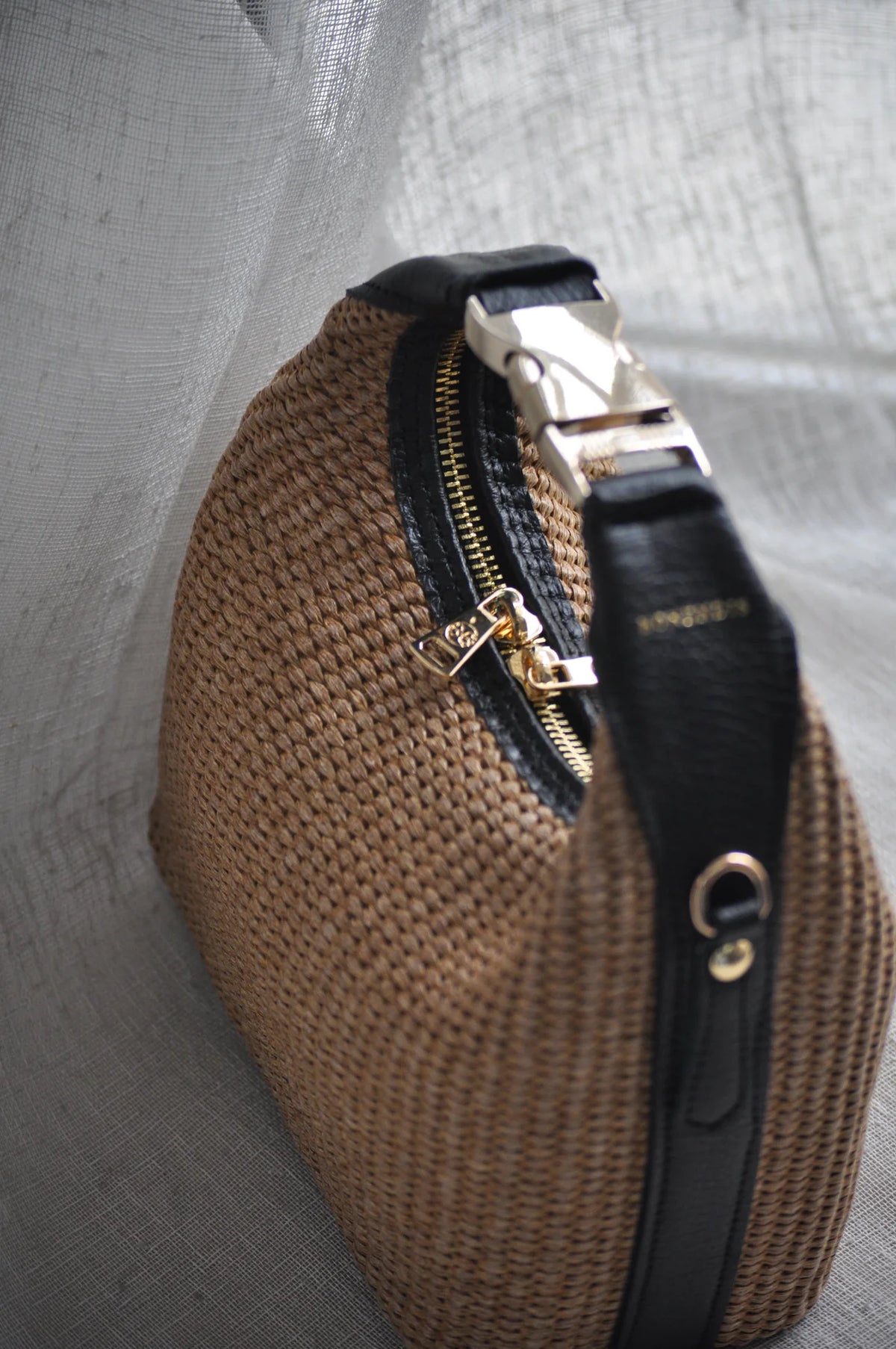 Maggie Raffia Handbag - Black Leather