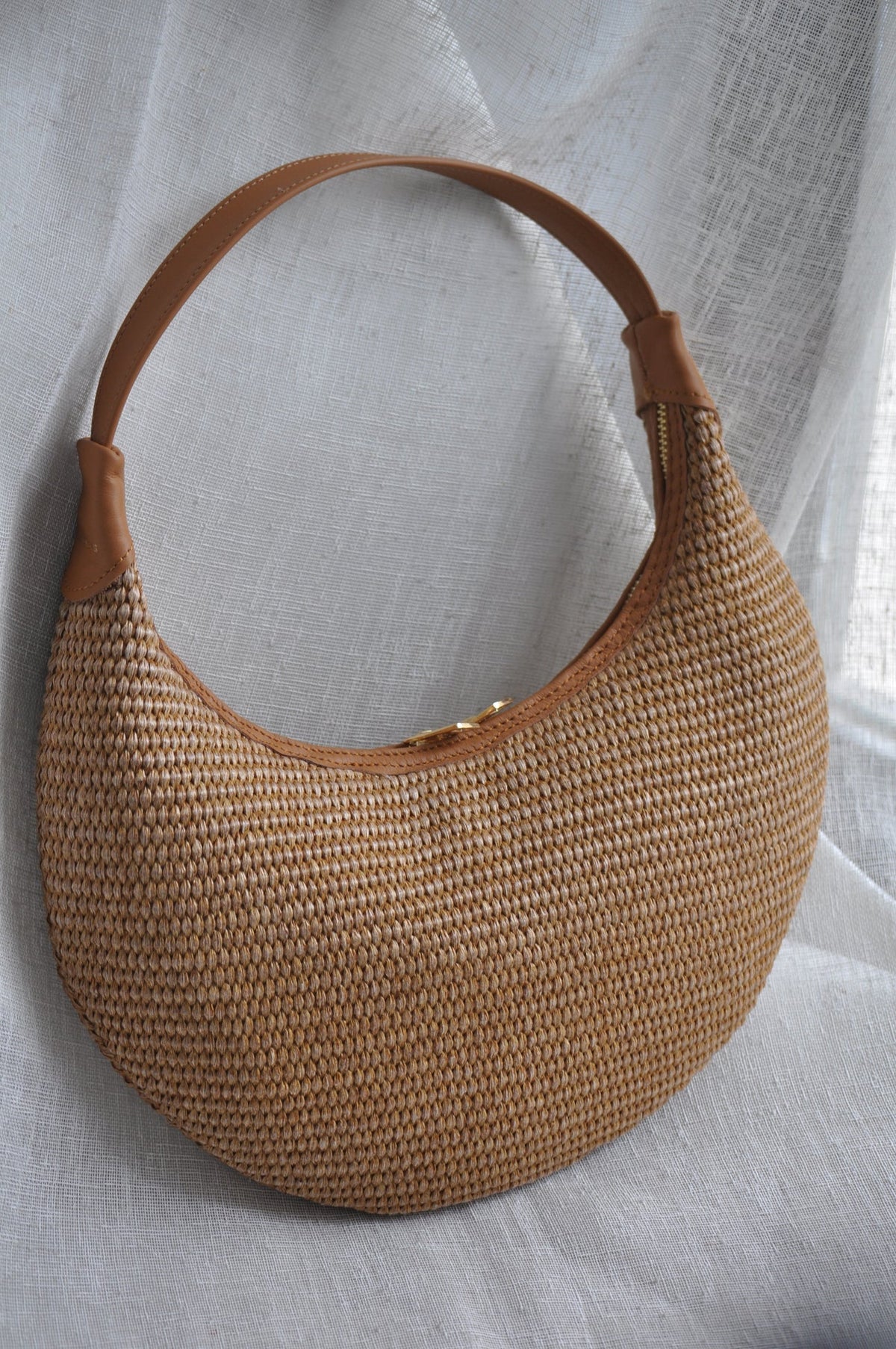 Ophelia Small Raffia Shoulder Bag - Tabac Leather